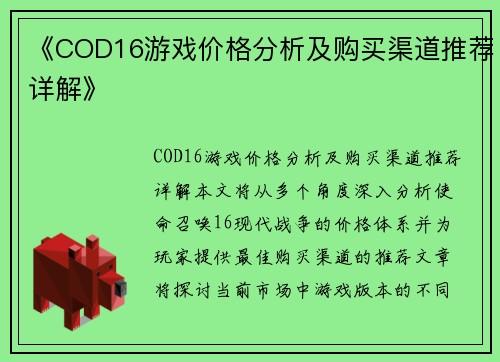 《COD16游戏价格分析及购买渠道推荐详解》